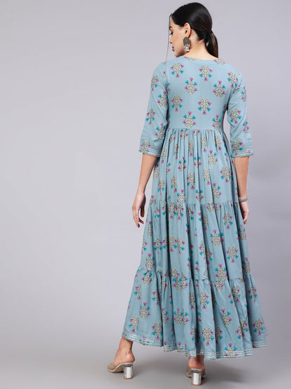 Rayon Ankle Length Printed Semi-Flared 3/4 Sleeve Round Neck Kurta