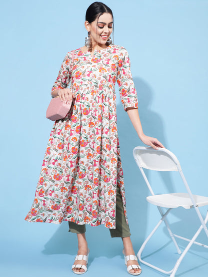 Rayon Calf Length Printed Semi-Flared 3/4 Sleeve Round Neck Kurta
