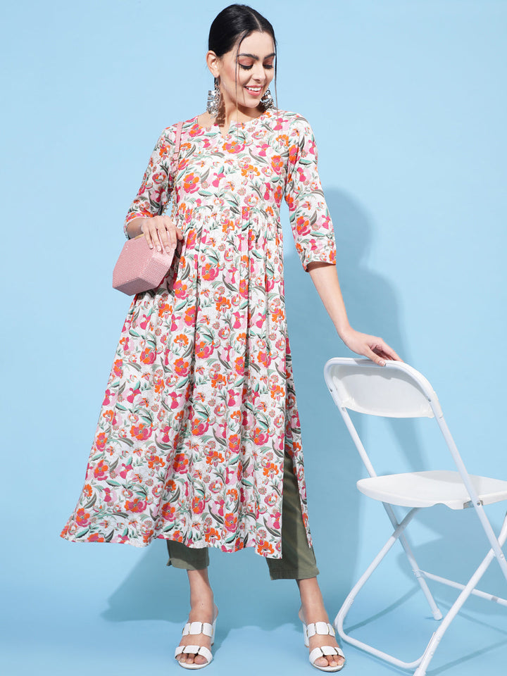 Rayon Calf Length Printed Semi-Flared 3/4 Sleeve Round Neck Kurta