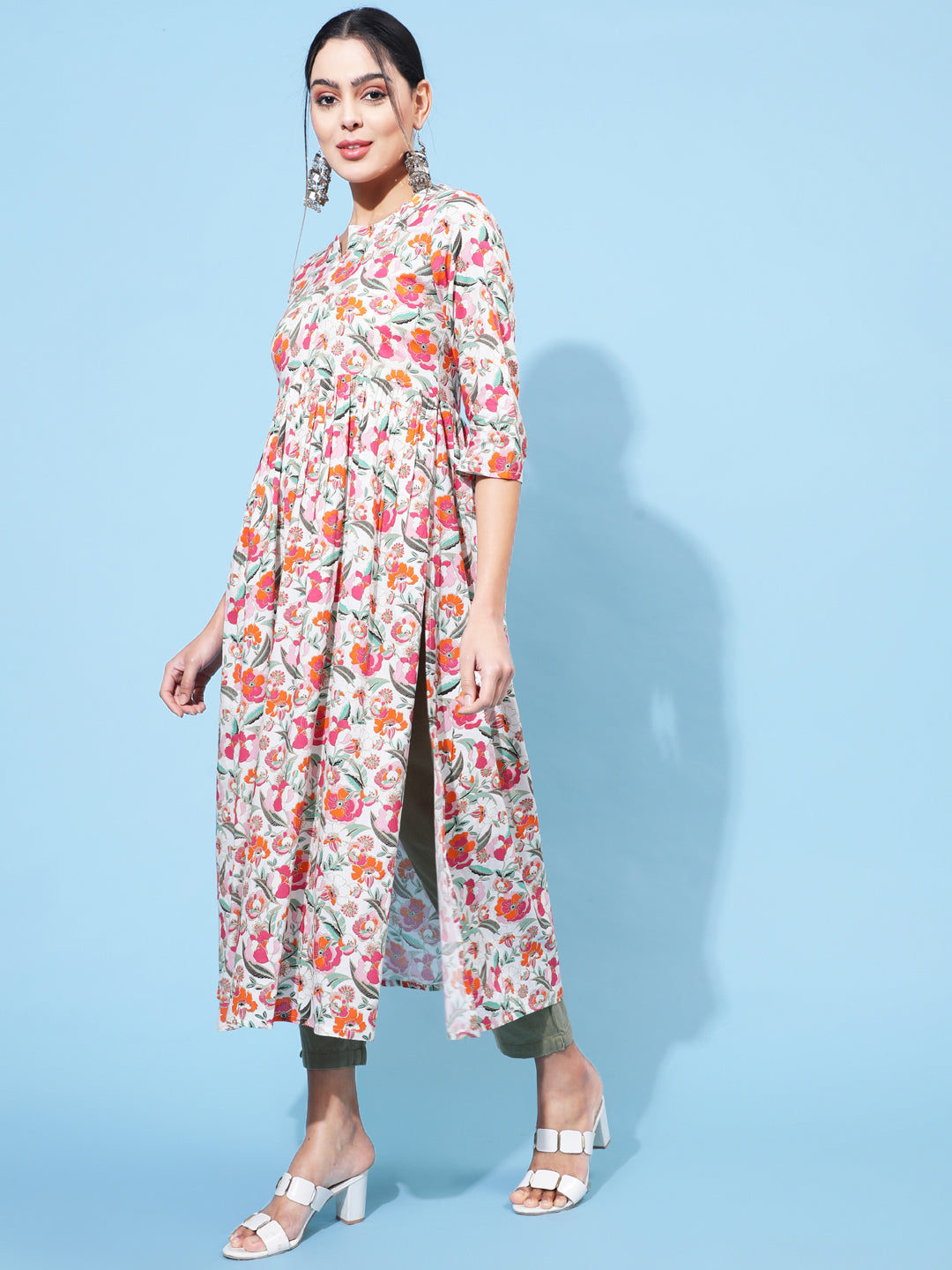Rayon Calf Length Printed Semi-Flared 3/4 Sleeve Round Neck Kurta