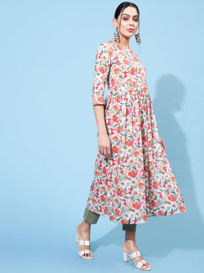 Rayon Calf Length Printed Semi-Flared 3/4 Sleeve Round Neck Kurta