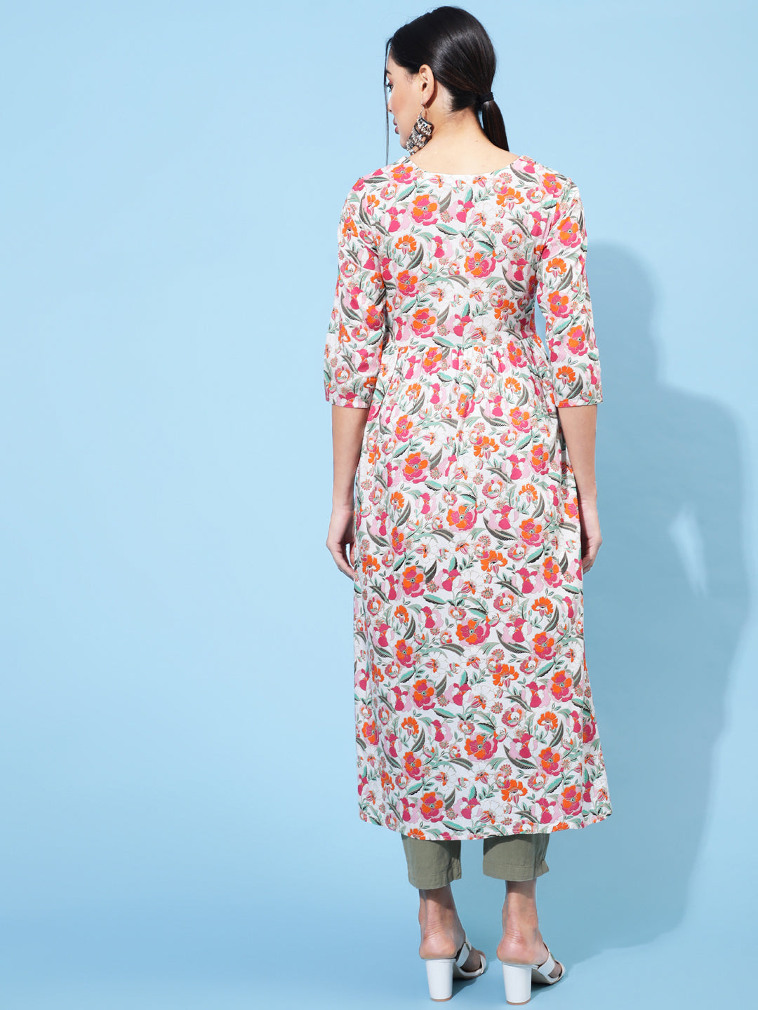 Rayon Calf Length Printed Semi-Flared 3/4 Sleeve Round Neck Kurta