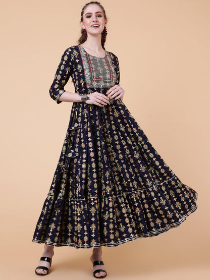 Rayon Ankle Length Length Printed Flared 3/4 Sleeves Round Neck Kurta