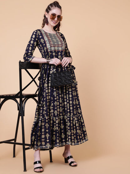 Rayon Ankle Length Length Printed Flared 3/4 Sleeves Round Neck Kurta