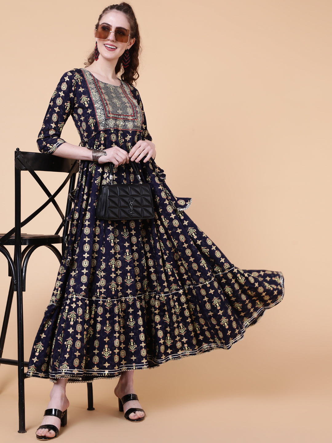 Rayon Ankle Length Length Printed Flared 3/4 Sleeves Round Neck Kurta