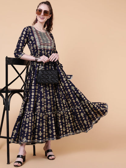 Rayon Ankle Length Length Printed Flared 3/4 Sleeves Round Neck Kurta