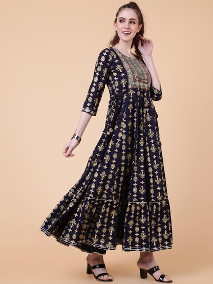 Rayon Ankle Length Length Printed Flared 3/4 Sleeves Round Neck Kurta