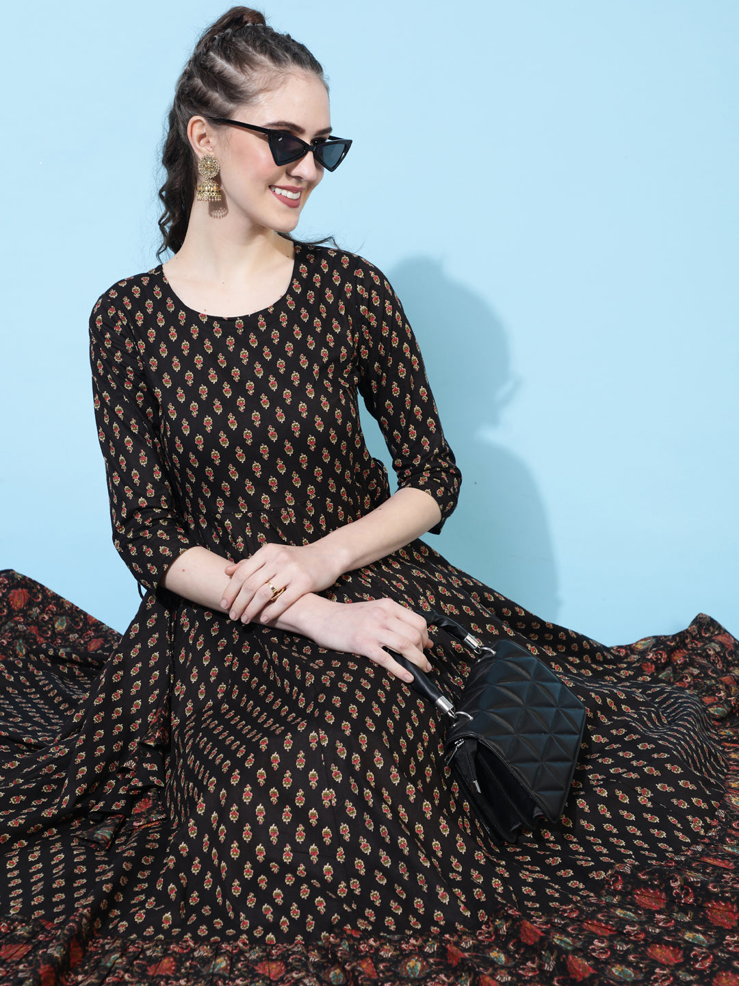 Cotton Calf Length Printed Flared 3/4 Sleeves Round Neck Kurta