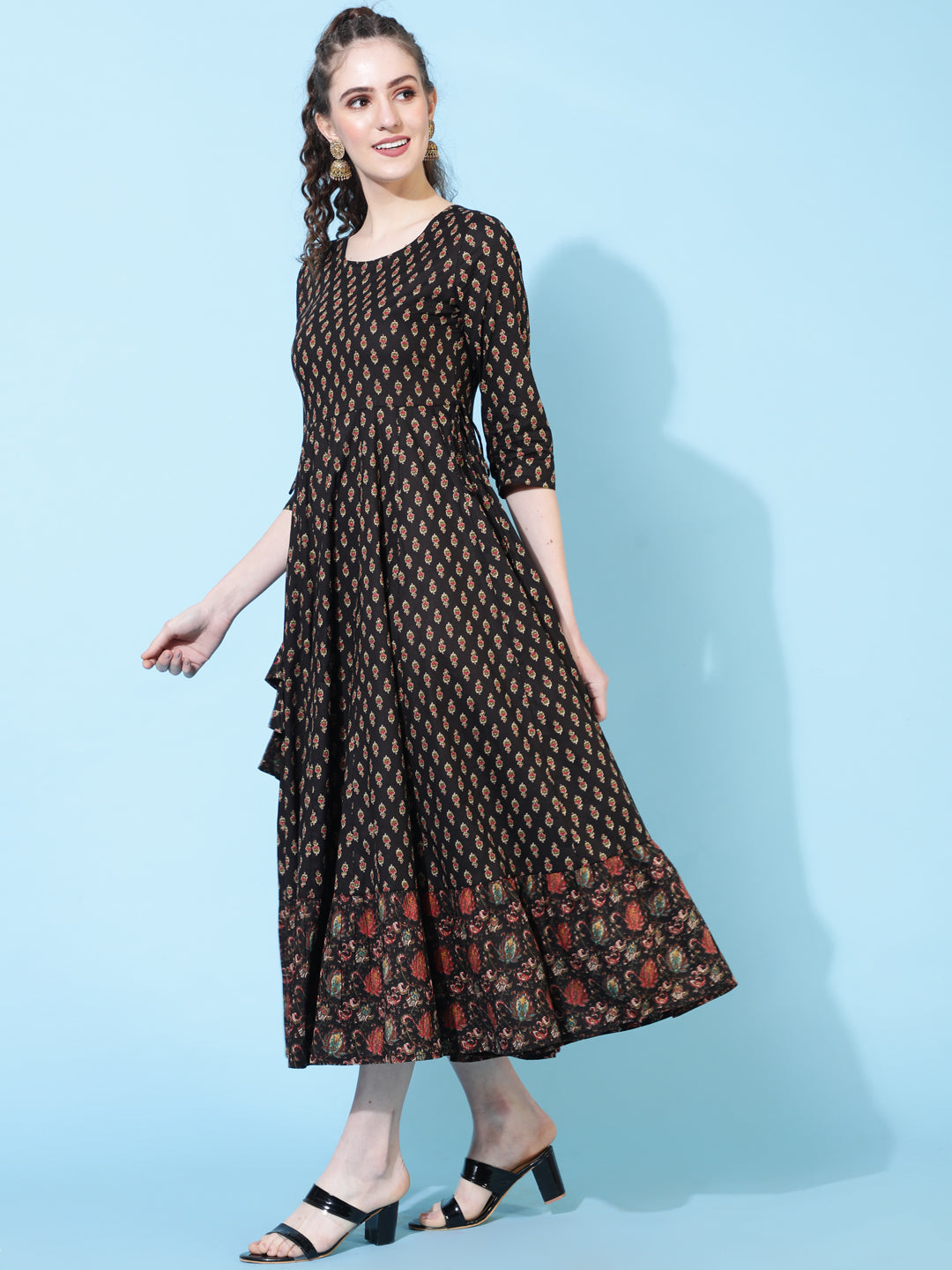 Cotton Calf Length Printed Flared 3/4 Sleeves Round Neck Kurta