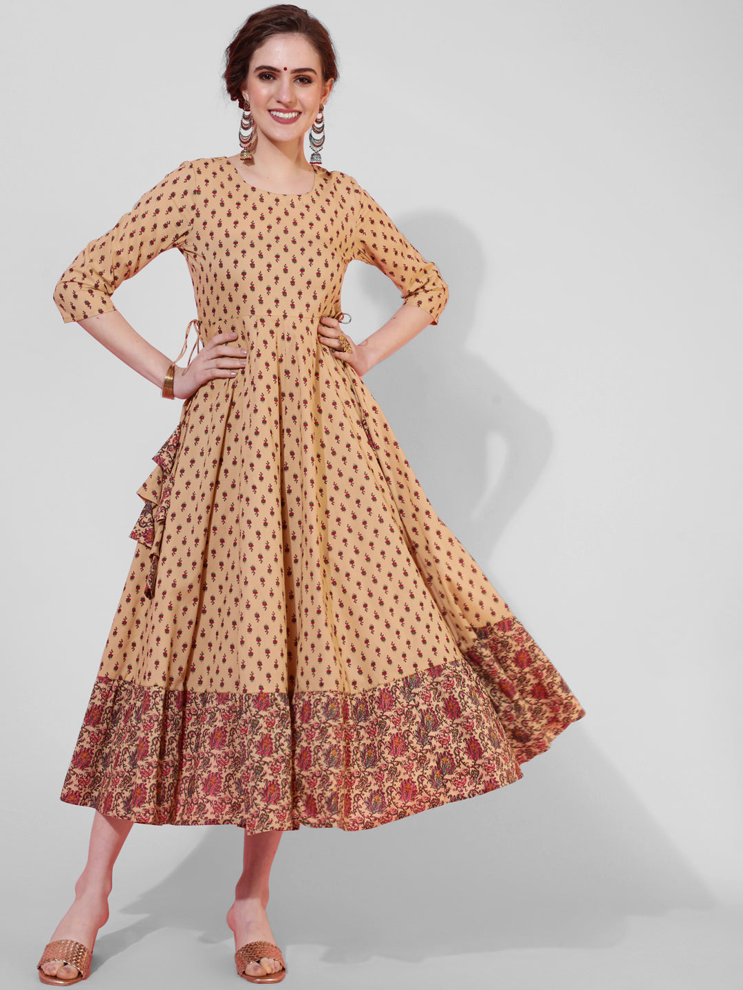 Cotton Calf Length Printed Flared 3/4 Sleeves Round Neck Kurta