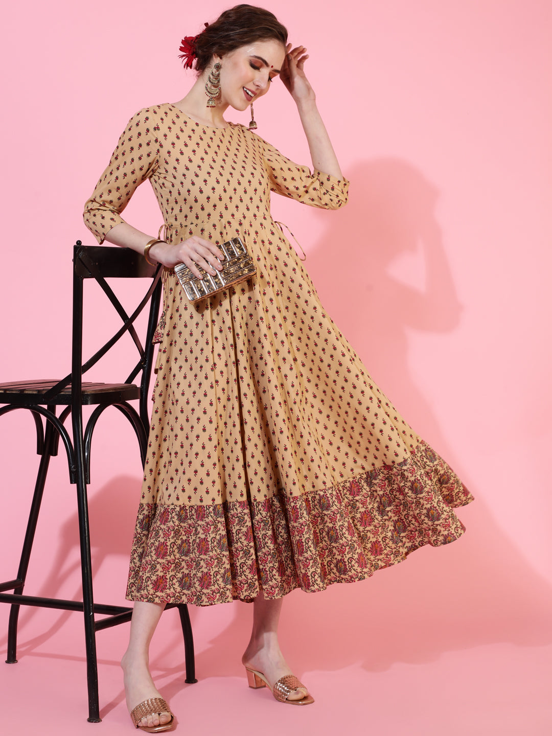 Cotton Calf Length Printed Flared 3/4 Sleeves Round Neck Kurta