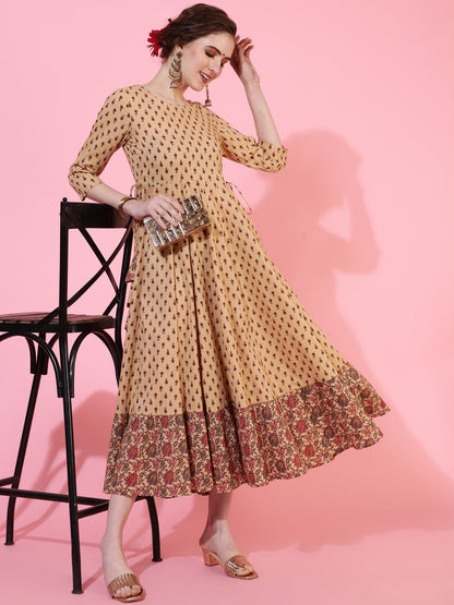 Cotton Calf Length Printed Flared 3/4 Sleeves Round Neck Kurta