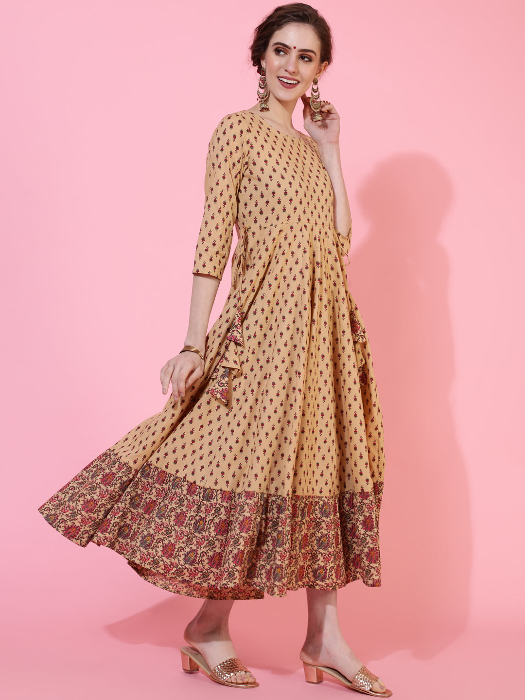 Cotton Calf Length Printed Flared 3/4 Sleeves Round Neck Kurta