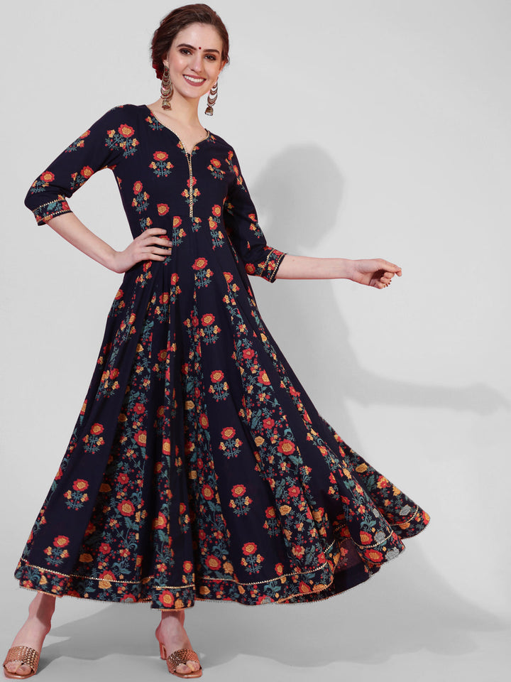 Cotton Ankle Length Length Printed Flared 3/4 Sleeves Sweetheart Neck Kurta