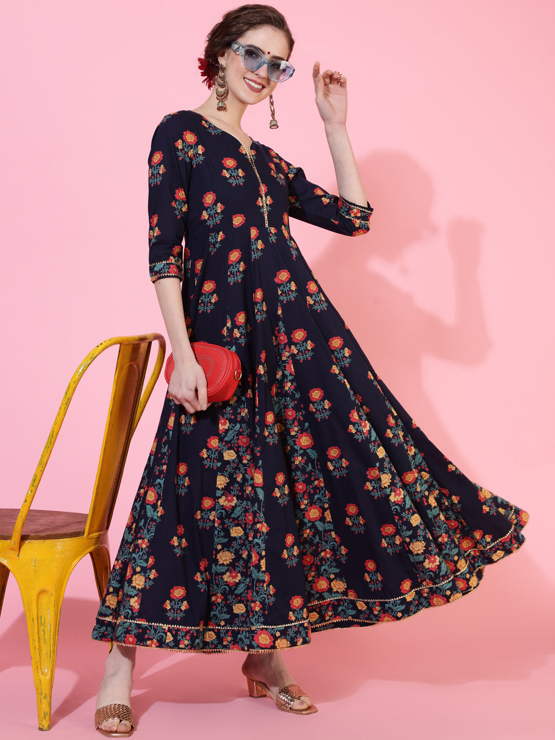 Cotton Ankle Length Length Printed Flared 3/4 Sleeves Sweetheart Neck Kurta