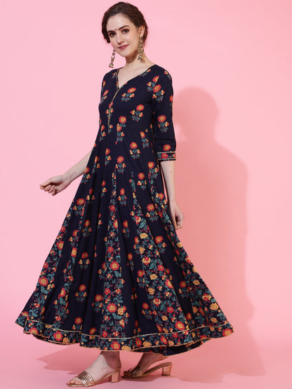 Cotton Ankle Length Length Printed Flared 3/4 Sleeves Sweetheart Neck Kurta