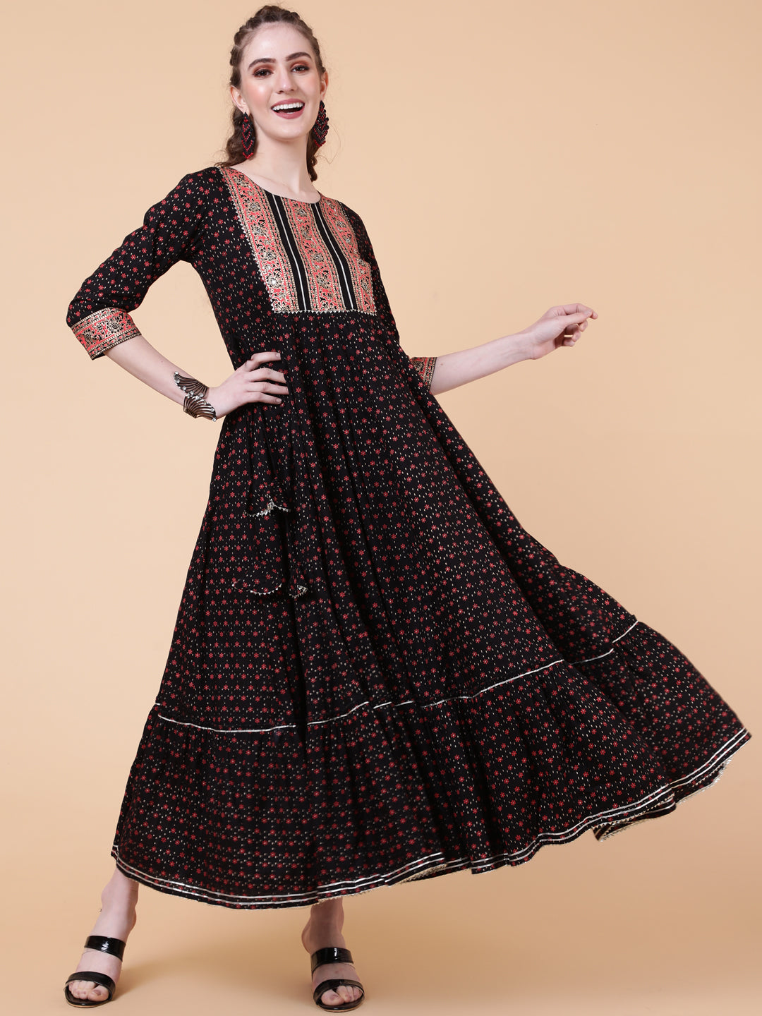 Rayon Ankle Length Length Printed Flared 3/4 Sleeves Round Neck Kurta