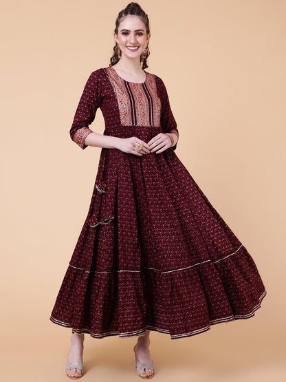 Rayon Ankle Length Length Printed Flared 3/4 Sleeves Round Neck Kurta