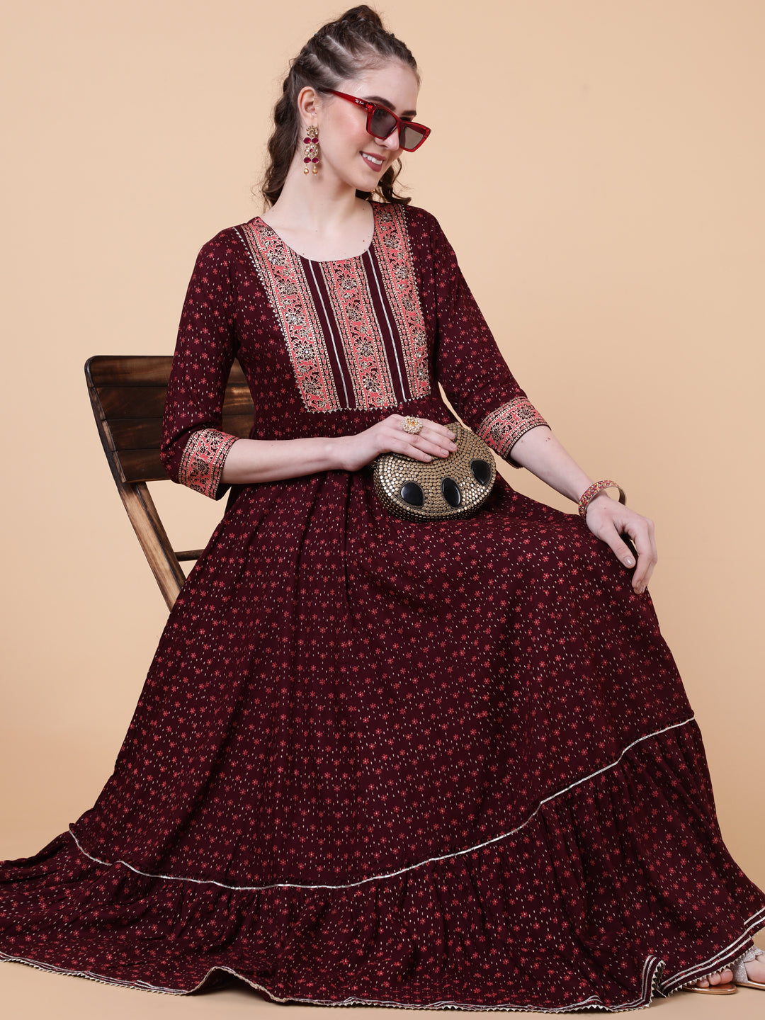 Rayon Ankle Length Length Printed Flared 3/4 Sleeves Round Neck Kurta