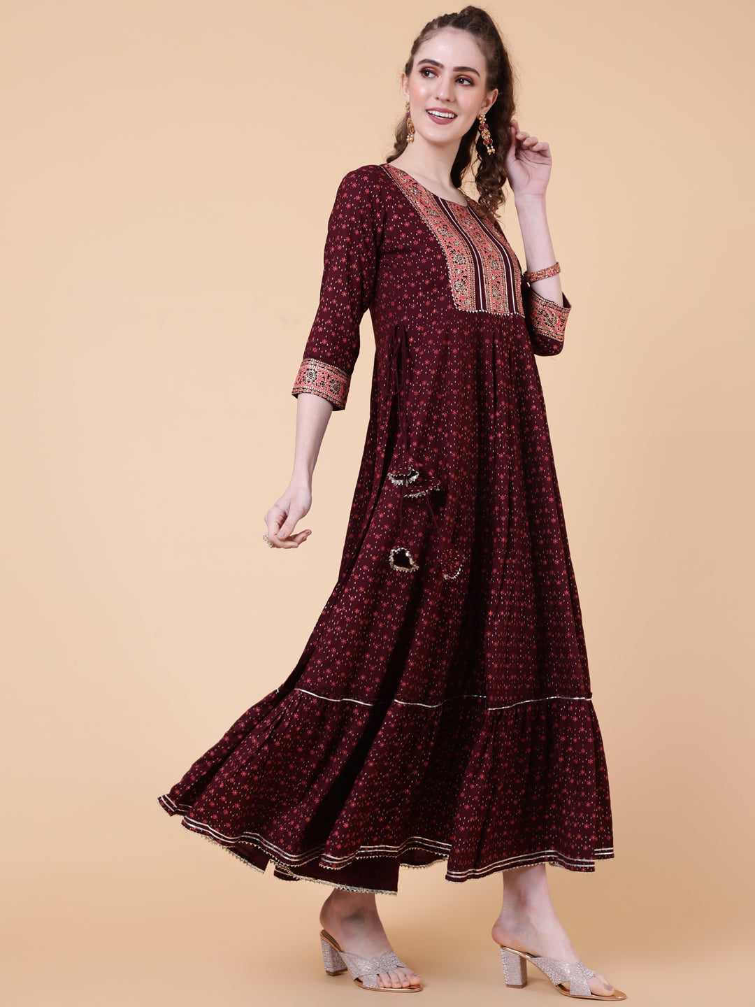 Rayon Ankle Length Length Printed Flared 3/4 Sleeves Round Neck Kurta