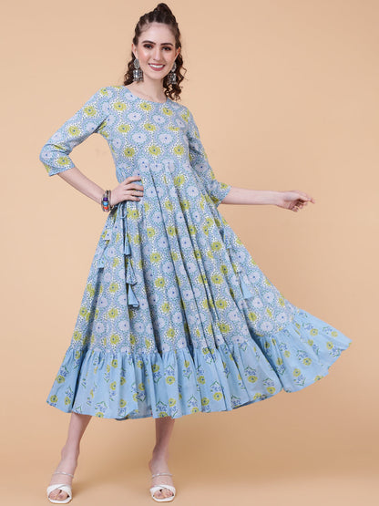 Cotton Calf Length Printed Flared 3/4 Sleeves Round Neck Kurta