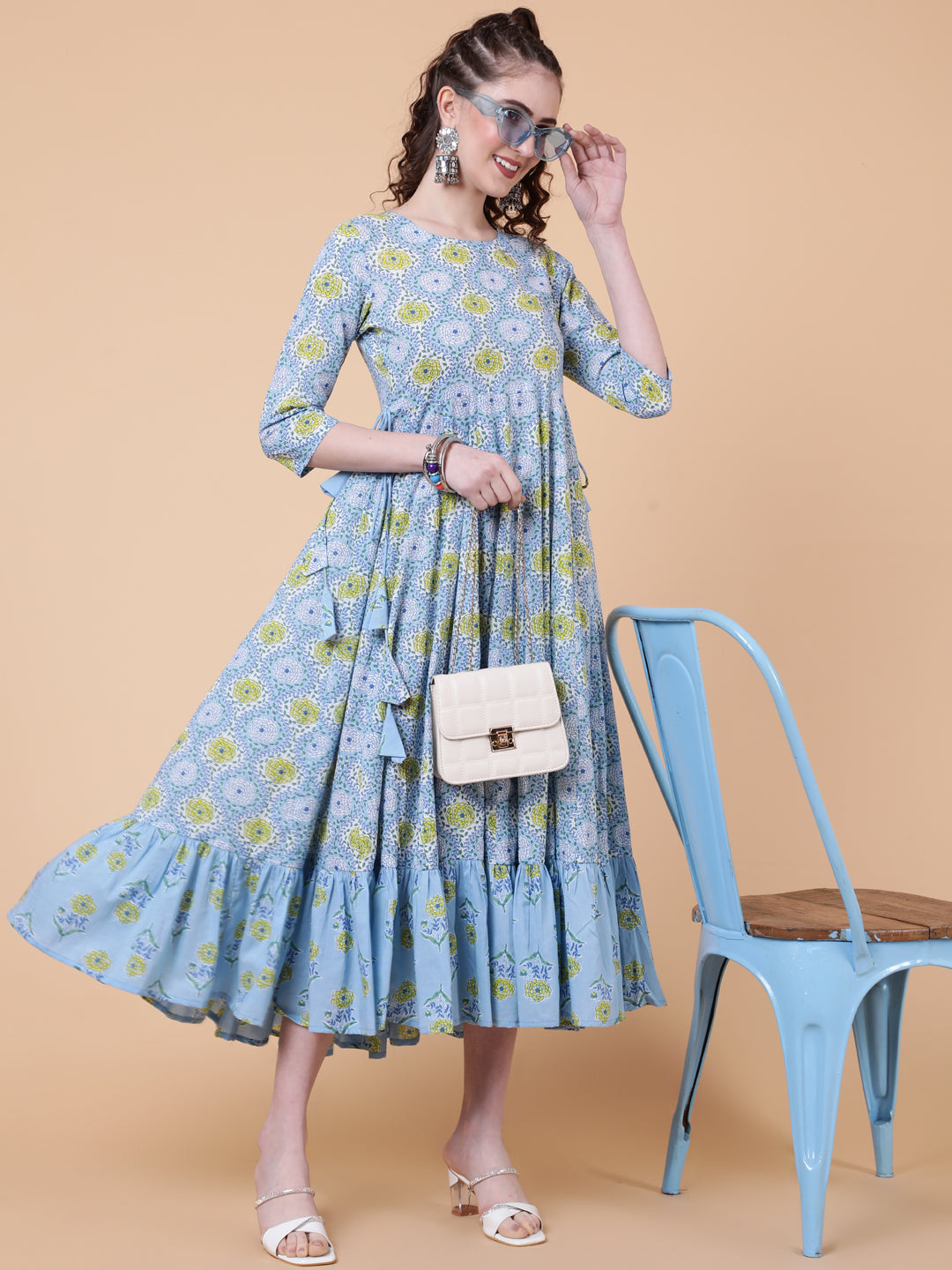 Cotton Calf Length Printed Flared 3/4 Sleeves Round Neck Kurta