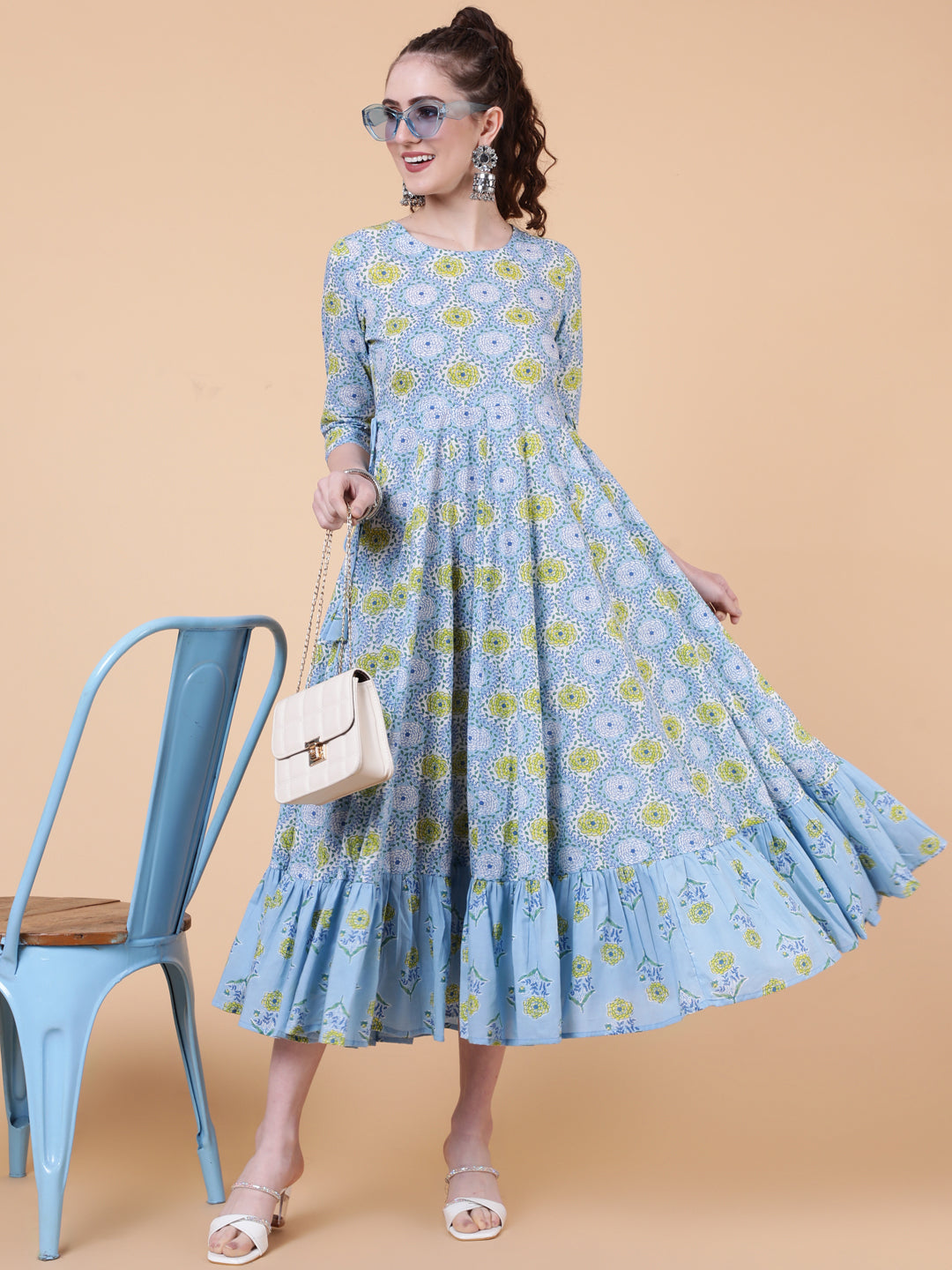 Cotton Calf Length Printed Flared 3/4 Sleeves Round Neck Kurta