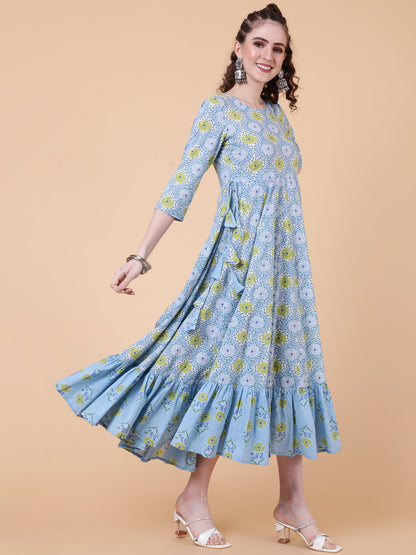 Cotton Calf Length Printed Flared 3/4 Sleeves Round Neck Kurta