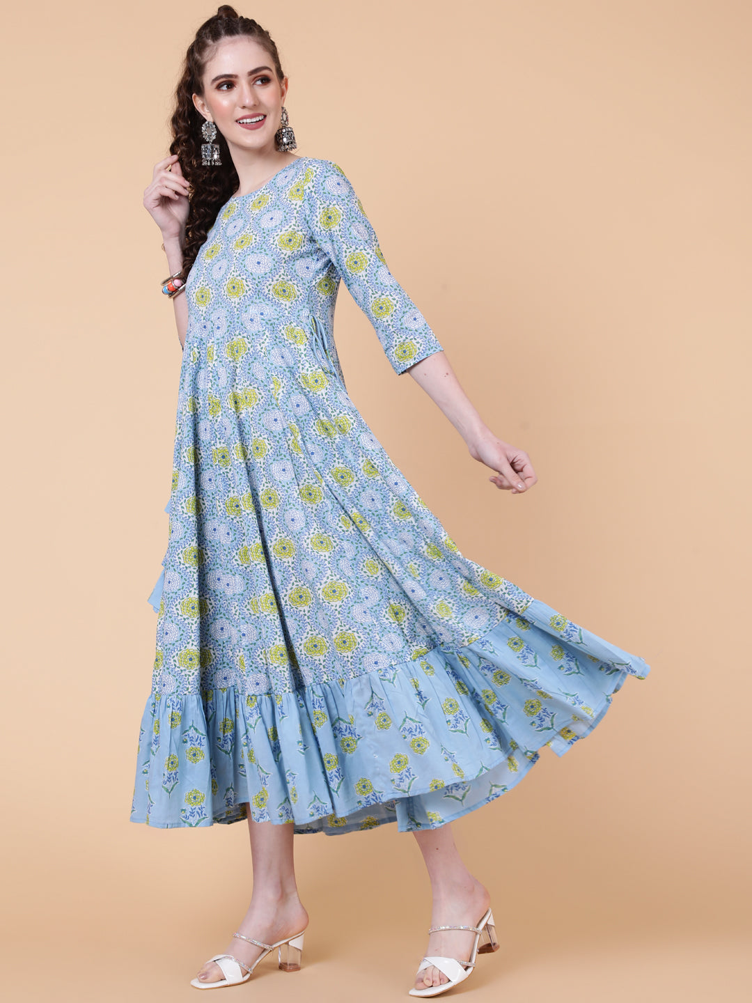 Cotton Calf Length Printed Flared 3/4 Sleeves Round Neck Kurta