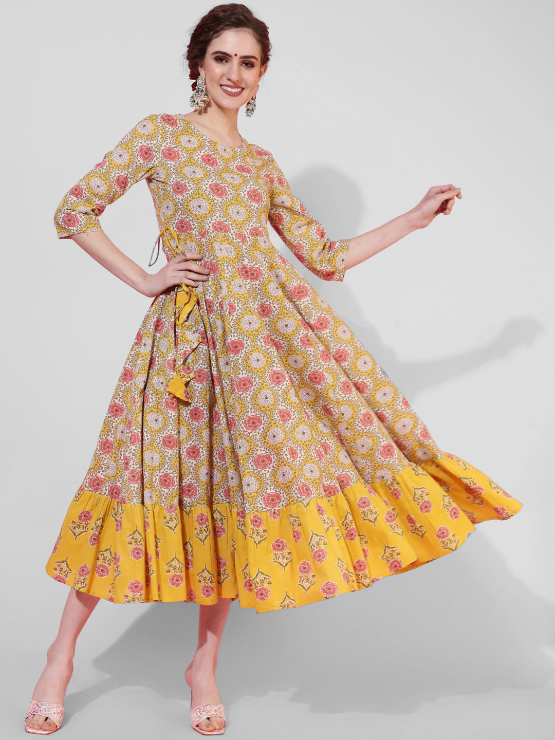 Cotton Calf Length Printed Flared 3/4 Sleeves Round Neck Kurta