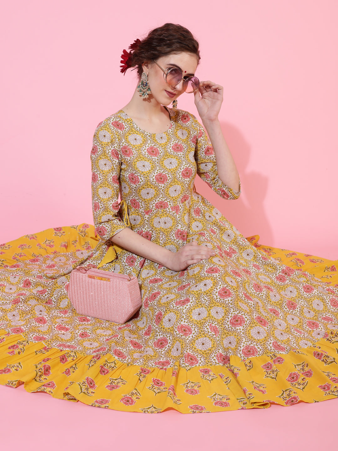 Cotton Calf Length Printed Flared 3/4 Sleeves Round Neck Kurta