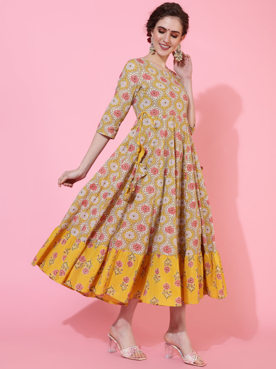 Cotton Calf Length Printed Flared 3/4 Sleeves Round Neck Kurta