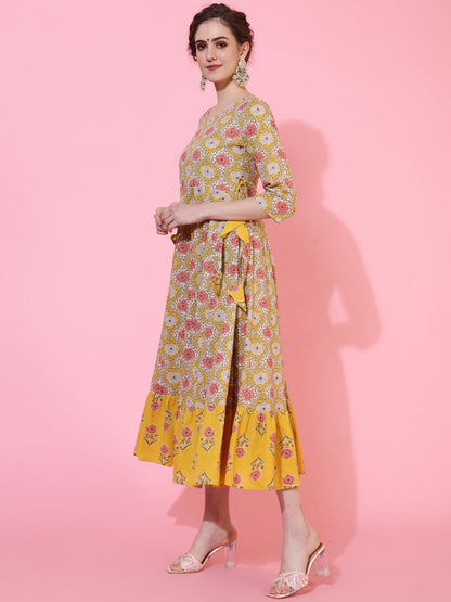Cotton Calf Length Printed Flared 3/4 Sleeves Round Neck Kurta