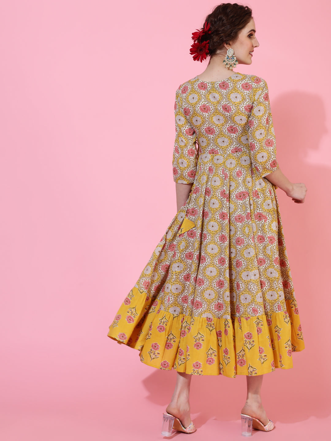 Cotton Calf Length Printed Flared 3/4 Sleeves Round Neck Kurta