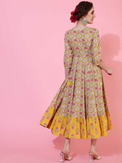 Cotton Calf Length Printed Flared 3/4 Sleeves Round Neck Kurta