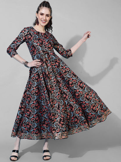 Rayon Ankle Length Printed Flared 3/4 Sleeves Round Neck Dress
