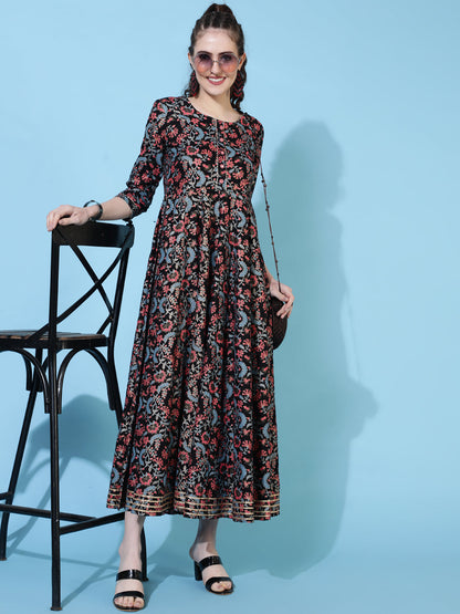 Rayon Ankle Length Printed Flared 3/4 Sleeves Round Neck Dress