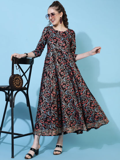 Rayon Ankle Length Printed Flared 3/4 Sleeves Round Neck Dress
