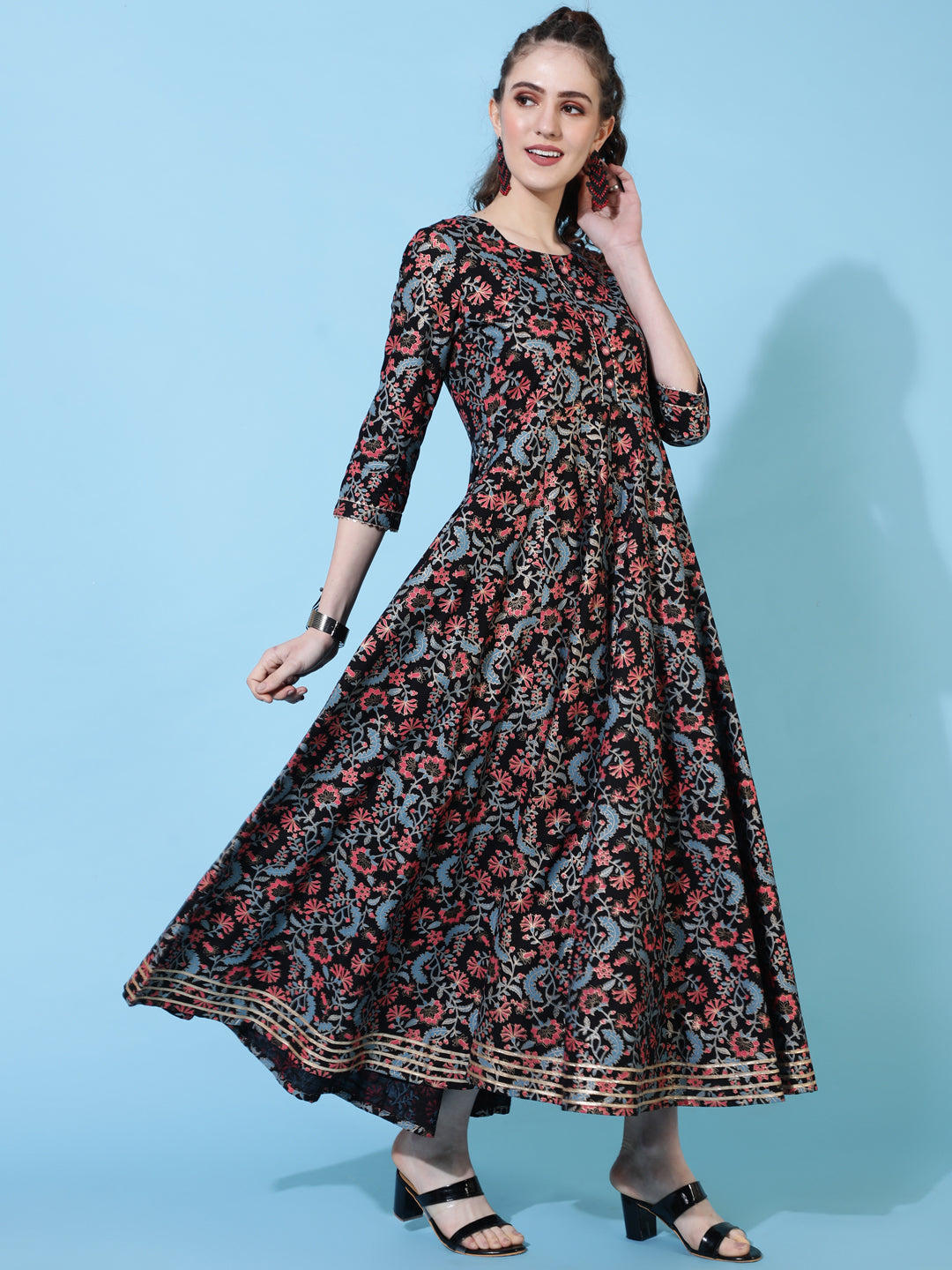 Rayon Ankle Length Printed Flared 3/4 Sleeves Round Neck Dress