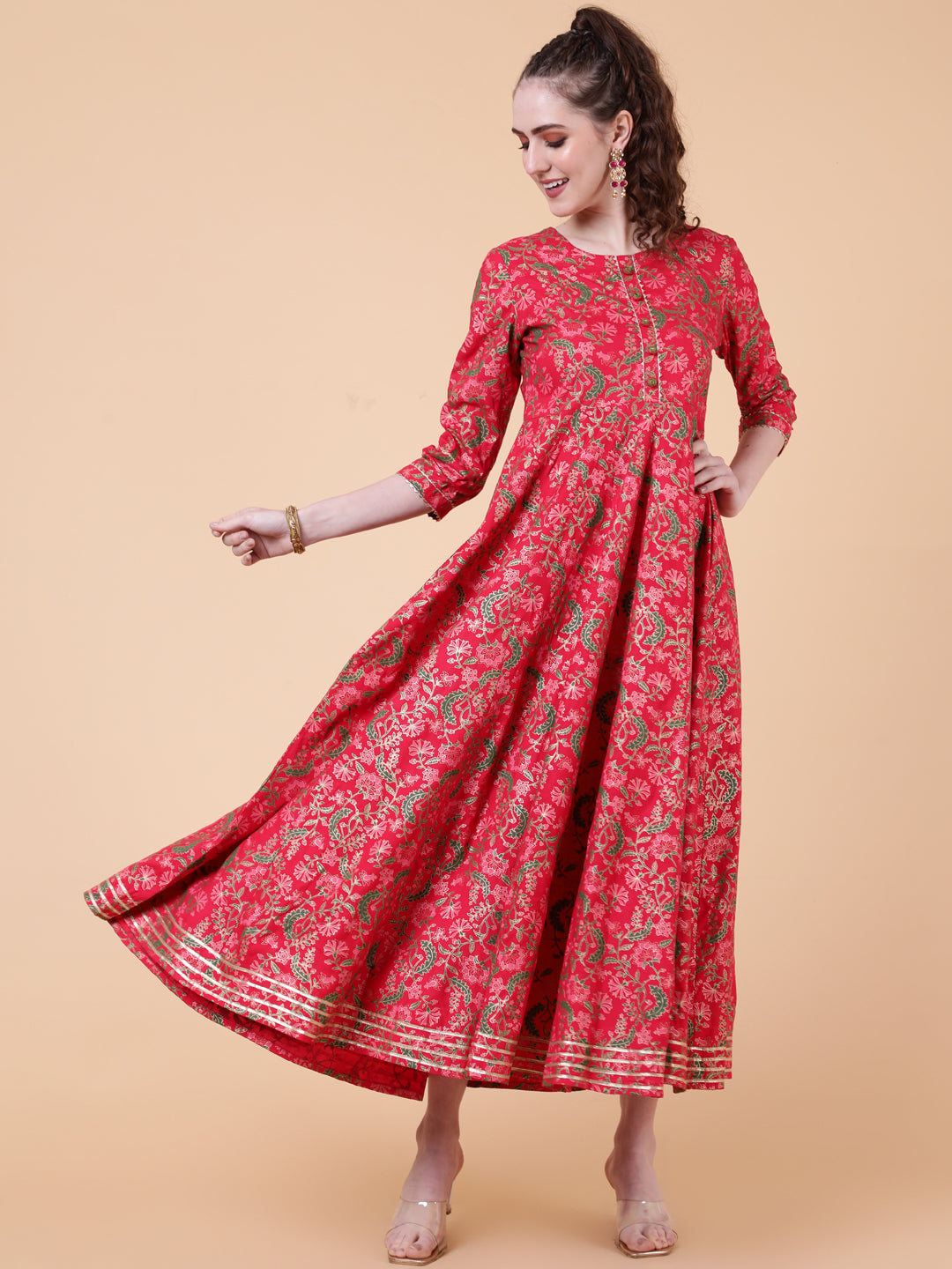 Rayon Ankle Length Length Printed Flared 3/4 Sleeves Round Neck