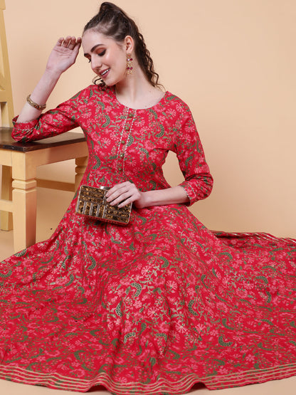 Rayon Ankle Length Length Printed Flared 3/4 Sleeves Round Neck