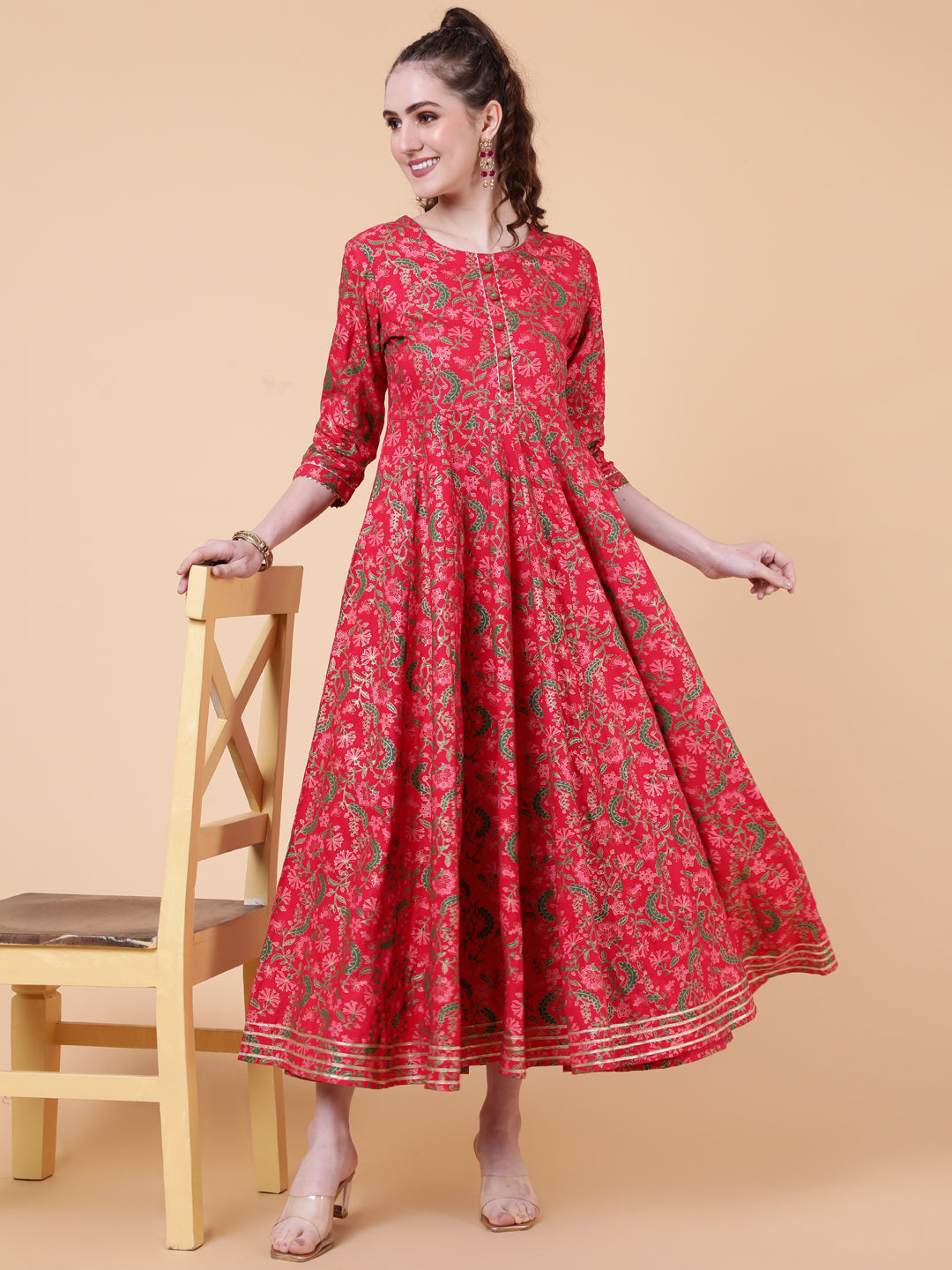 Rayon Ankle Length Length Printed Flared 3/4 Sleeves Round Neck