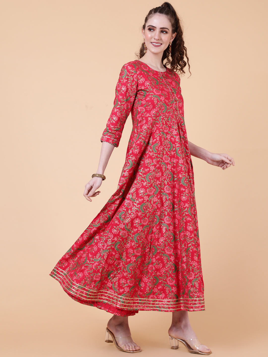 Rayon Ankle Length Length Printed Flared 3/4 Sleeves Round Neck