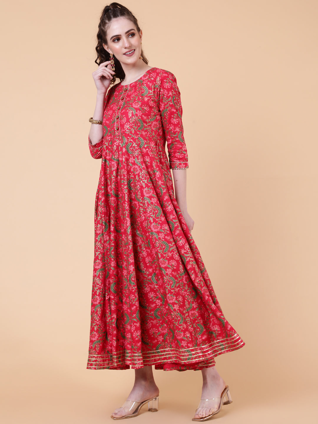 Rayon Ankle Length Length Printed Flared 3/4 Sleeves Round Neck
