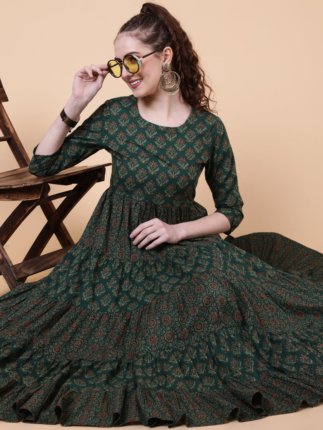 Cotton Calf Length Printed Flared 3/4 Sleeves Round Neck