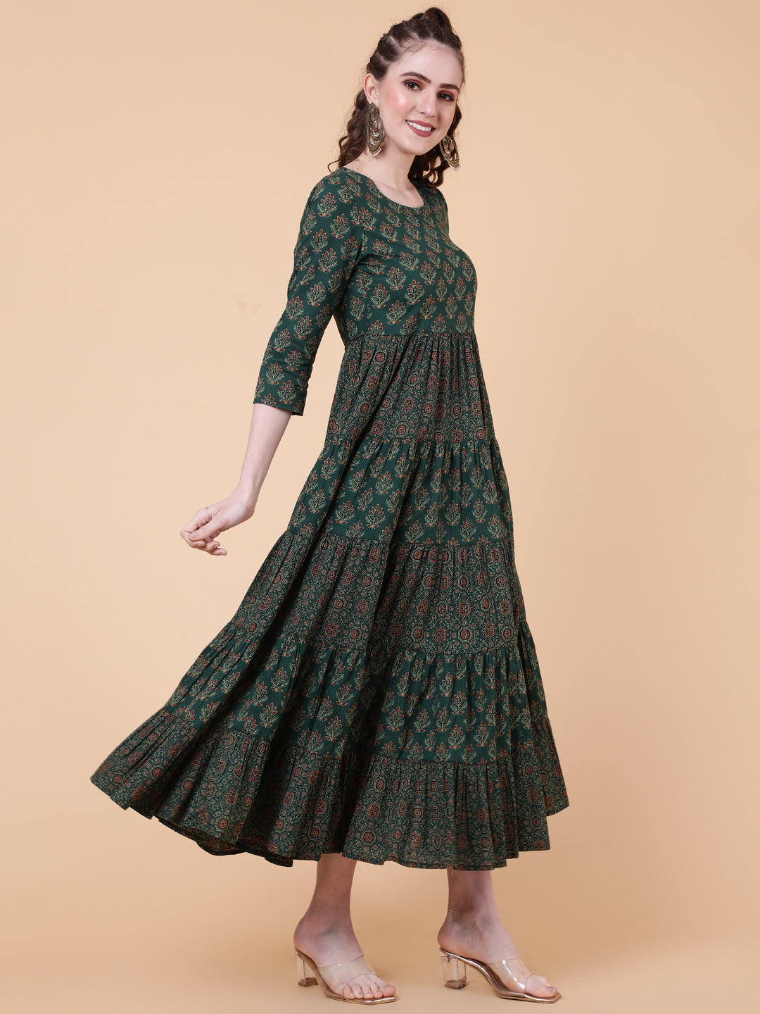 Cotton Calf Length Printed Flared 3/4 Sleeves Round Neck