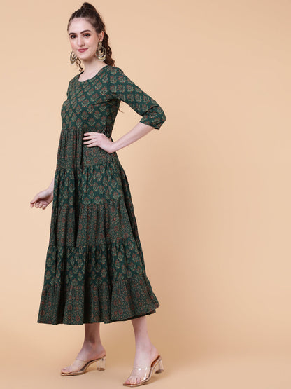 Cotton Calf Length Printed Flared 3/4 Sleeves Round Neck