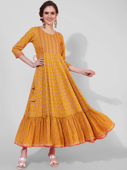 Rayon Ankle Length Length Printed Flared 3/4 Sleeves Round Neck