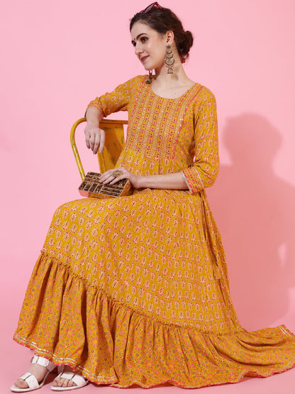 Rayon Ankle Length Length Printed Flared 3/4 Sleeves Round Neck