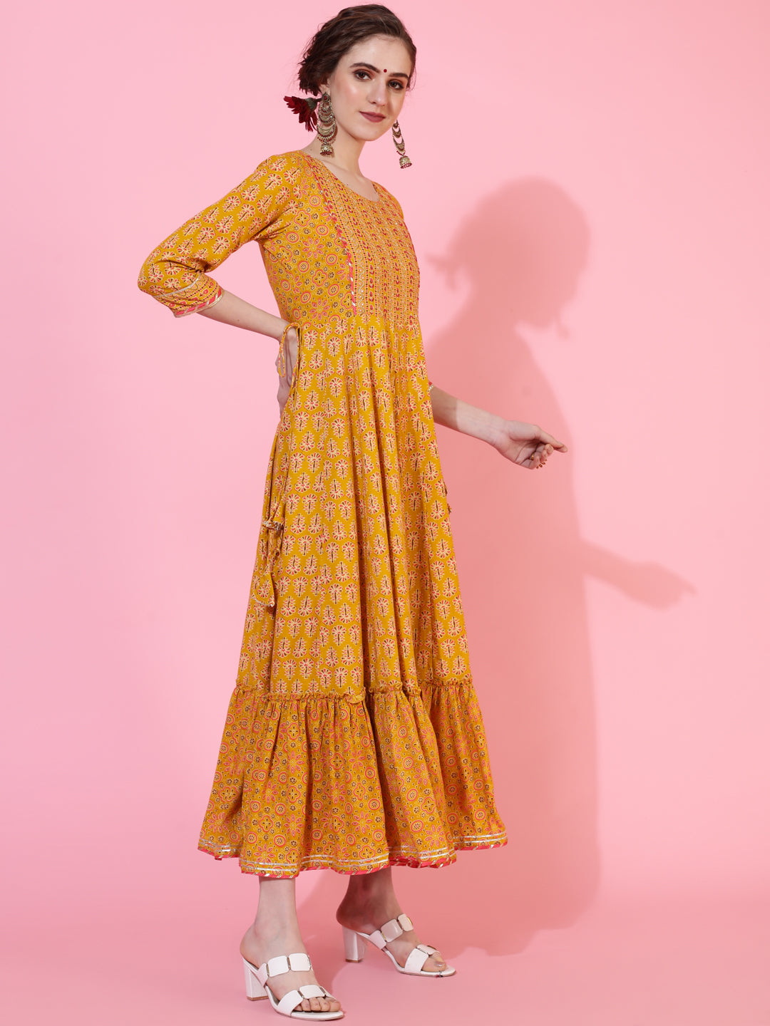 Rayon Ankle Length Length Printed Flared 3/4 Sleeves Round Neck